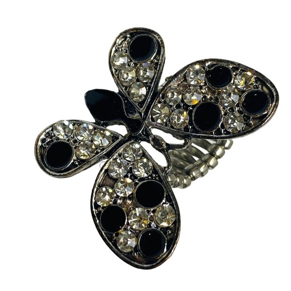 Jewelry - Ring Stretch Butterfly Shape Women Rhinestone Accents Enamel Silver Color Metal